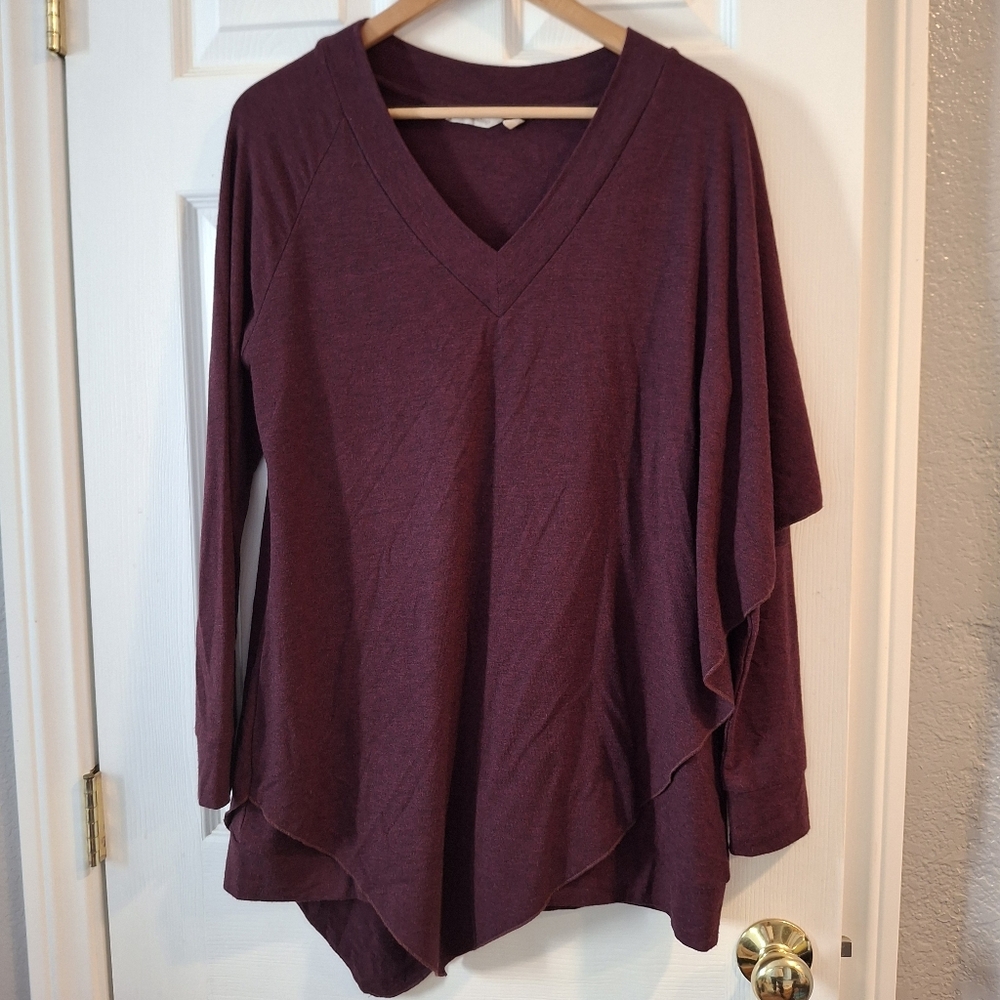 Soft Surroundings Womens Burgund Drape Overlay V-Neck Madeline Tunic Top Size M